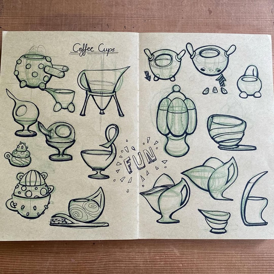 Sketchbook page of playful coffee cups: spotty, swirly, on legs and with faces.