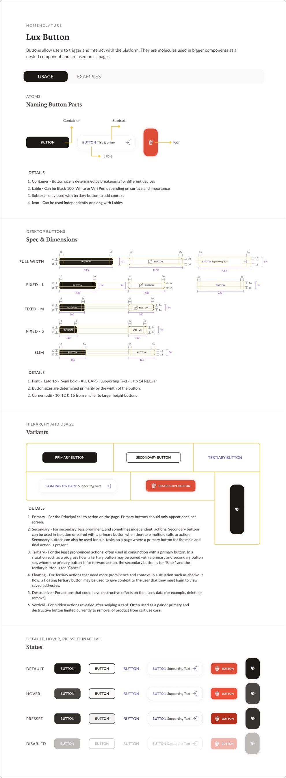 The full button component documentation: variants, states, sizes, anatomy and do's and don'ts.