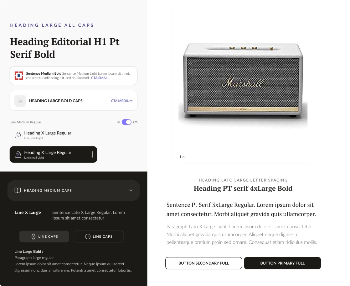 A range of components built from the text atoms, from simple multi-use elements to complex specific ones.