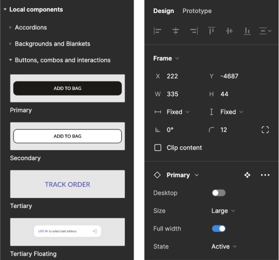 The Figma library: button components organised under local components, with auto-layout properties for size, width and state.
