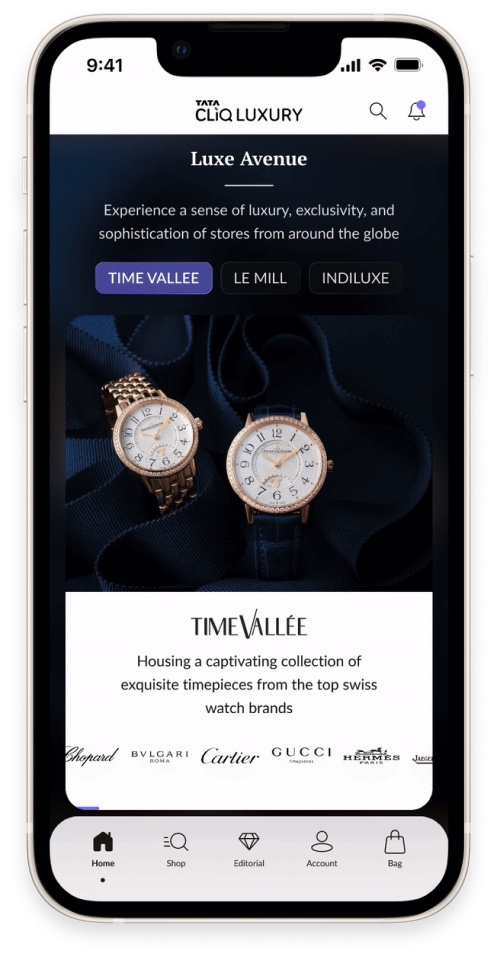 The final brand store component: store tabs for TimeVallée, Le Mill and IndiLuxe with a full-bleed image and brand logos.