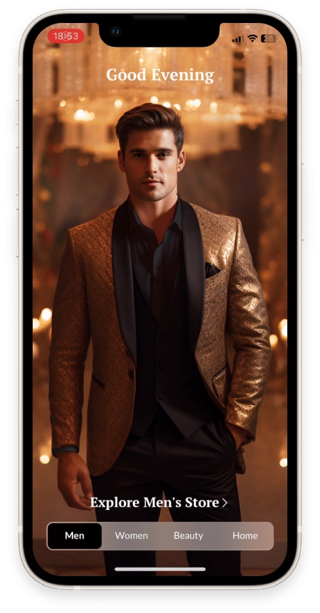 The live first-launch experience: a personalised 'Good Evening' greeting over an immersive image, with store tabs for Men, Women, Beauty and Home.