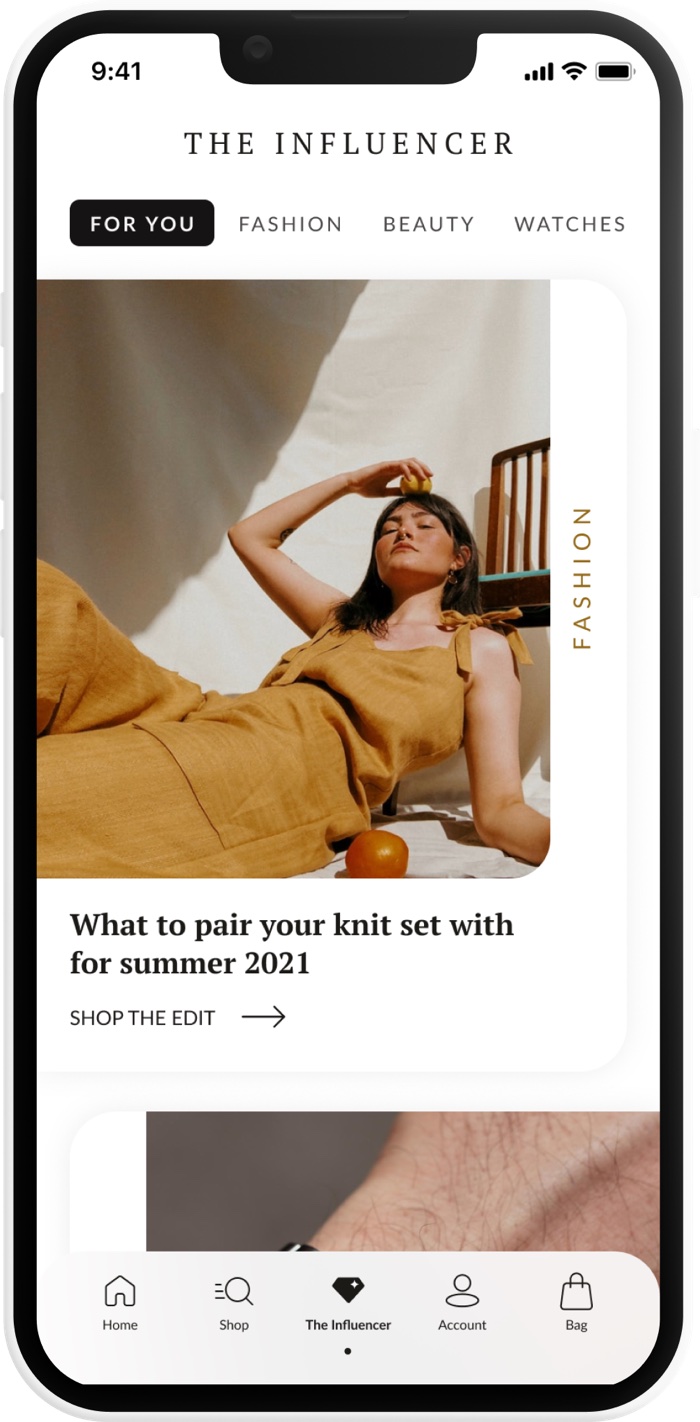 The Influencer editorial tab: a For You feed with a fashion story, 'What to pair your knit set with for summer 2021'.