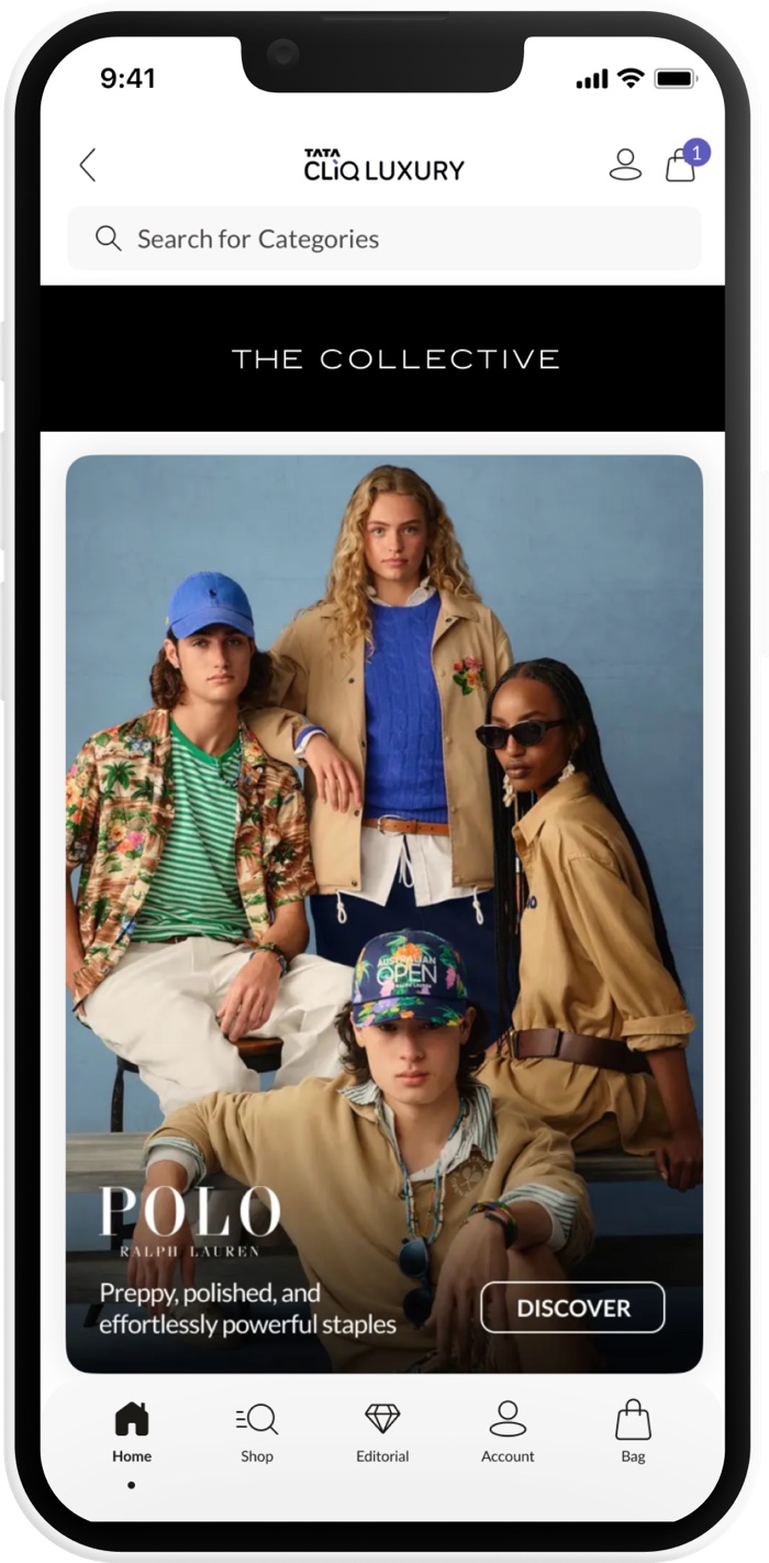 The Collective brand flagship: a full-bleed Polo Ralph Lauren campaign with a Discover button.