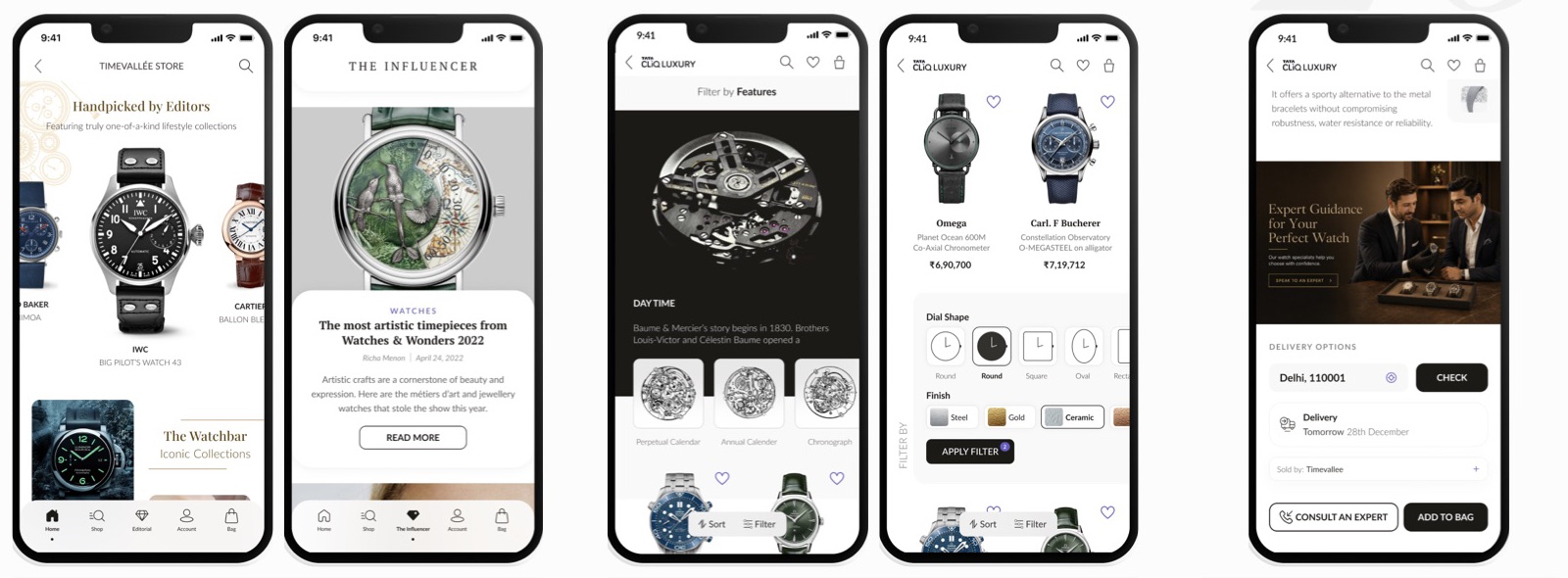 Five phone screens: an editor-curated store, an editorial article, a feature-based filter by movement, a dial shape and finish filter, and a product page with expert guidance.