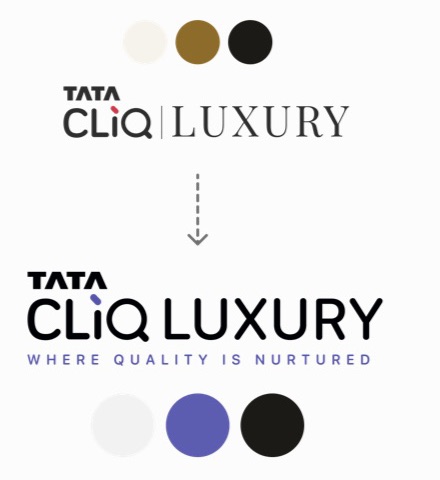The old Tata CLiQ Luxury logo and palette, and the new logo with the line 'Where quality is nurtured' and a violet palette.