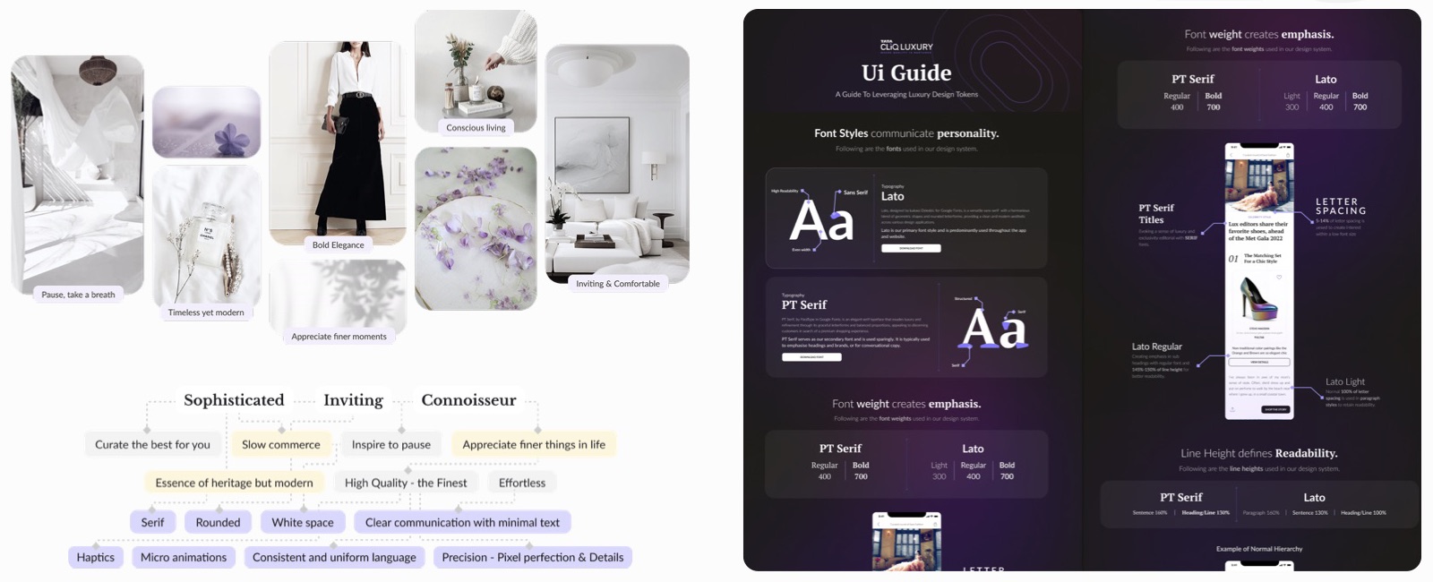 A moodboard of calm, airy luxury imagery mapped to brand values, next to a dark UI guide specifying typefaces, weights, letter-spacing and line-heights.